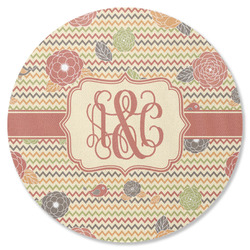 Chevron & Fall Flowers Round Rubber Backed Coaster (Personalized)