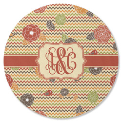 Chevron & Fall Flowers Round Rubber Backed Coaster (Personalized)
