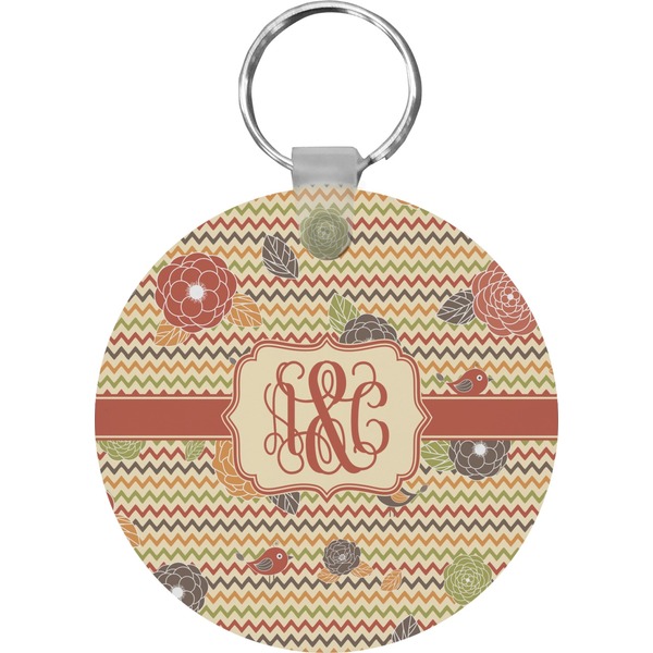 Chevron & Fall Flowers Round Keychain (Personalized)