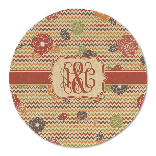 Chevron & Fall Flowers Round Linen Placemats - FRONT (Double Sided)