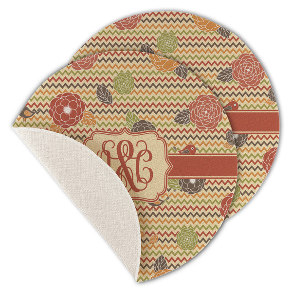 Chevron & Fall Flowers Round Linen Placemats - MAIN (Single Sided)