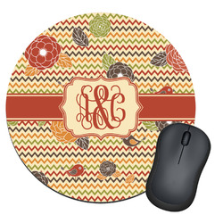 Chevron & Fall Flowers Round Mouse Pad (Personalized)