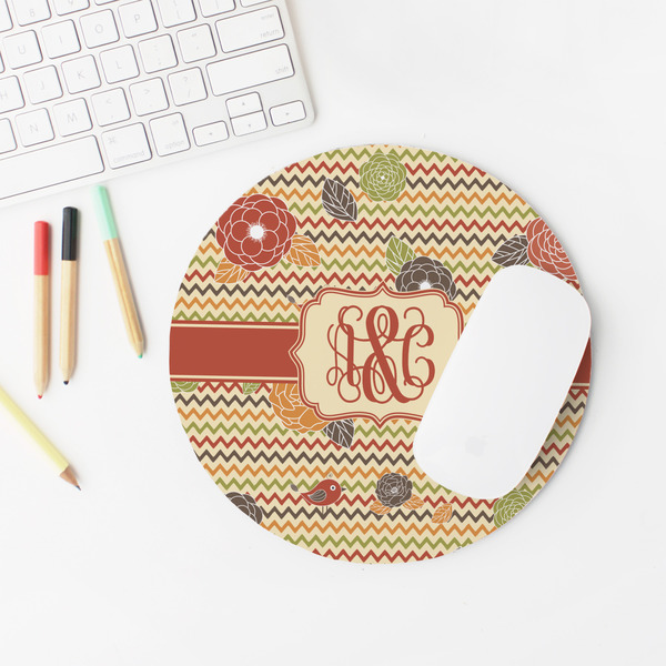 Chevron & Fall Flowers Round Mousepad - LIFESTYLE 2