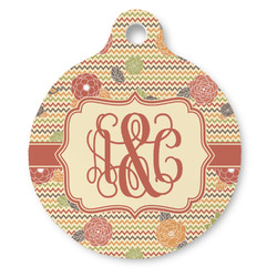 Chevron & Fall Flowers Round Pet ID Tag - Large (Personalized)
