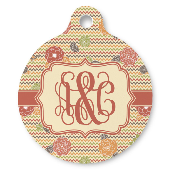 Custom Chevron & Fall Flowers Round Pet ID Tag - Large (Personalized)