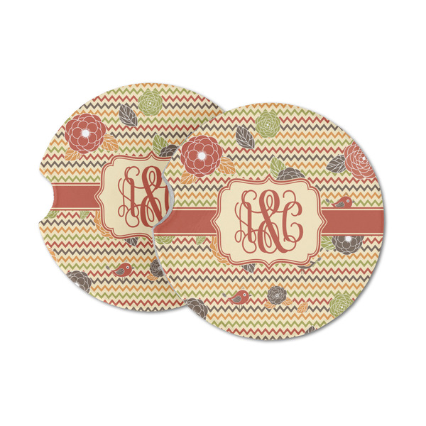 Custom Chevron & Fall Flowers Sandstone Car Coasters - Set of 2 (Personalized)