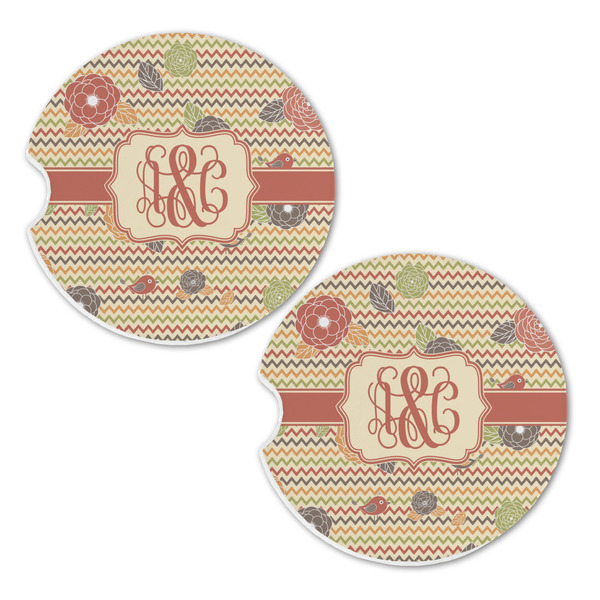 Chevron & Fall Flowers Sandstone Car Coasters - Set of 2