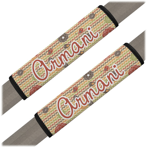 Custom Chevron & Fall Flowers Seat Belt Covers (Set of 2) (Personalized)