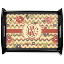 Chevron & Fall Flowers Black Wooden Tray - Large (Personalized)