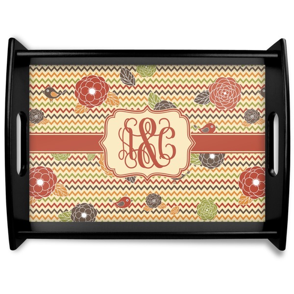 Custom Chevron & Fall Flowers Black Wooden Tray - Large (Personalized)