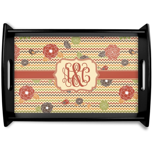Custom Chevron & Fall Flowers Black Wooden Tray - Small (Personalized)