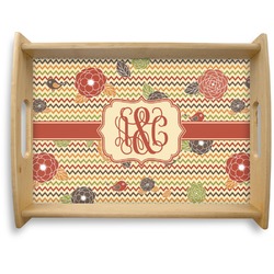 Chevron & Fall Flowers Natural Wooden Tray - Large (Personalized)