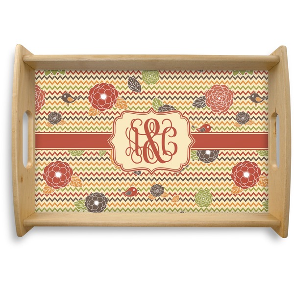 Custom Chevron & Fall Flowers Natural Wooden Tray - Small (Personalized)