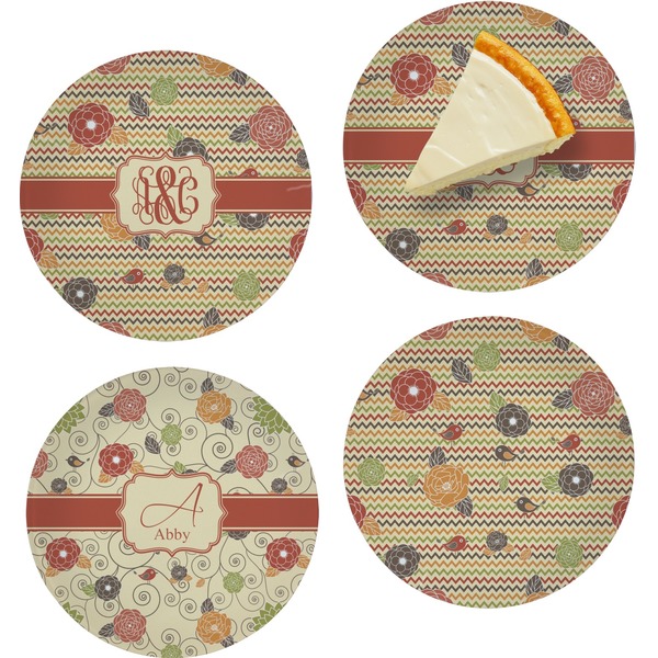 Custom Chevron & Fall Flowers Set of 4 Glass Appetizer / Dessert Plate 8" (Personalized)