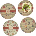 Chevron & Fall Flowers Set of 4 Glass Lunch / Dinner Plate 10" (Personalized)
