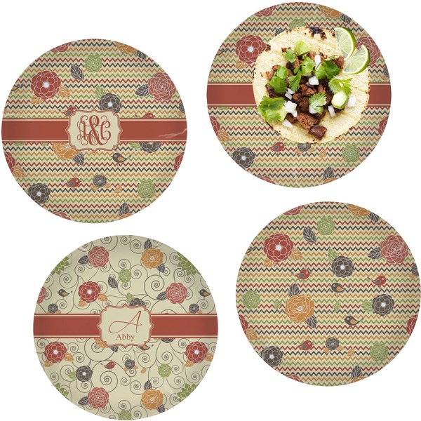Custom Chevron & Fall Flowers Set of 4 Glass Lunch / Dinner Plate 10" (Personalized)