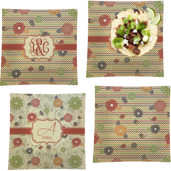 Custom Chevron & Fall Flowers Set of 4 Glass Square Lunch / Dinner Plate 9.5" (Personalized)