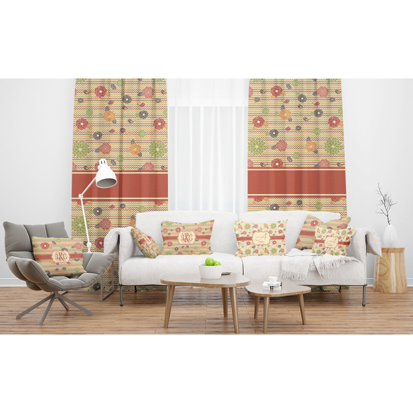 Chevron & Fall Flowers Sheer and Custom Curtains in Room with Matching Pillows