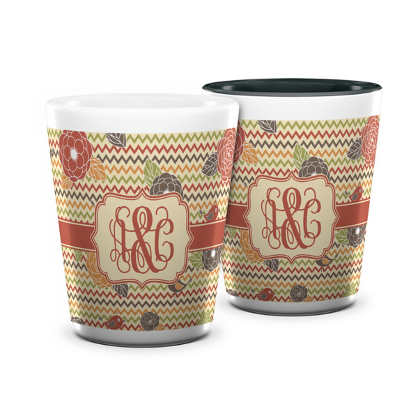 Custom Chevron & Fall Flowers Ceramic Shot Glass - 1.5 oz (Personalized)