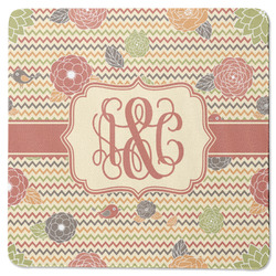 Chevron & Fall Flowers Square Rubber Backed Coaster (Personalized)