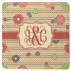 Chevron & Fall Flowers Square Rubber Backed Coaster (Personalized)