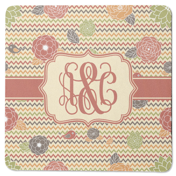 Custom Chevron & Fall Flowers Square Rubber Backed Coaster (Personalized)