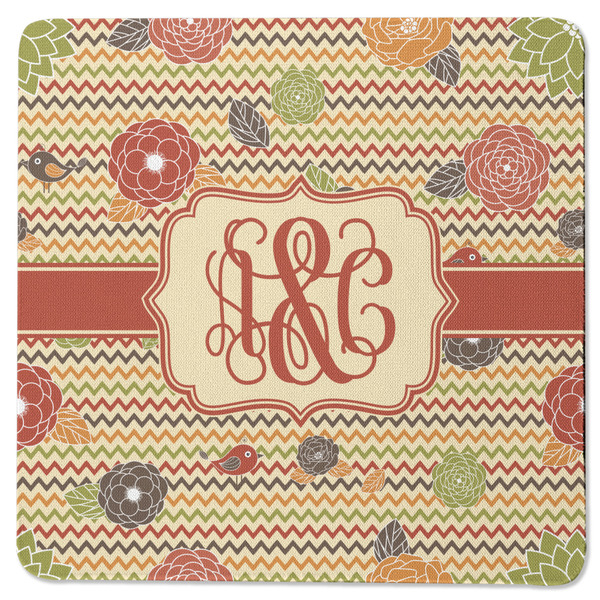 Custom Chevron & Fall Flowers Square Rubber Backed Coaster (Personalized)