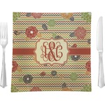 Chevron & Fall Flowers 9.5" Glass Square Lunch / Dinner Plate- Single or Set of 4 (Personalized)