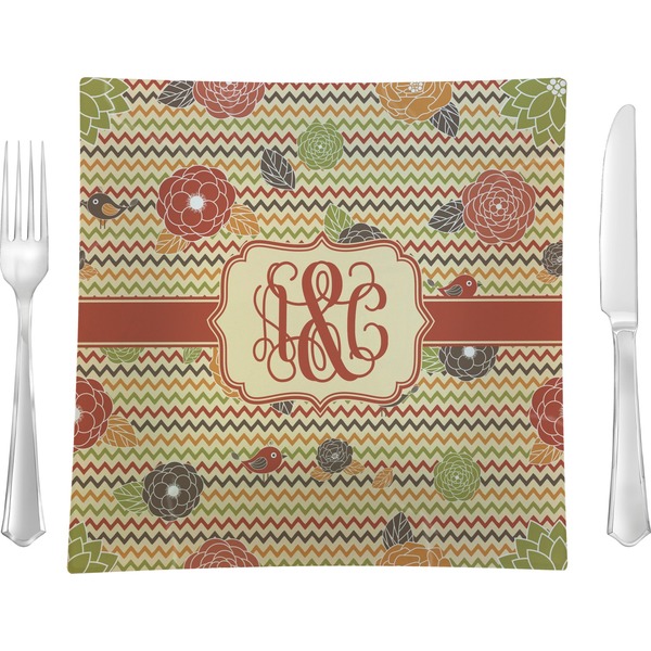 Custom Chevron & Fall Flowers Glass Square Lunch / Dinner Plate 9.5" (Personalized)