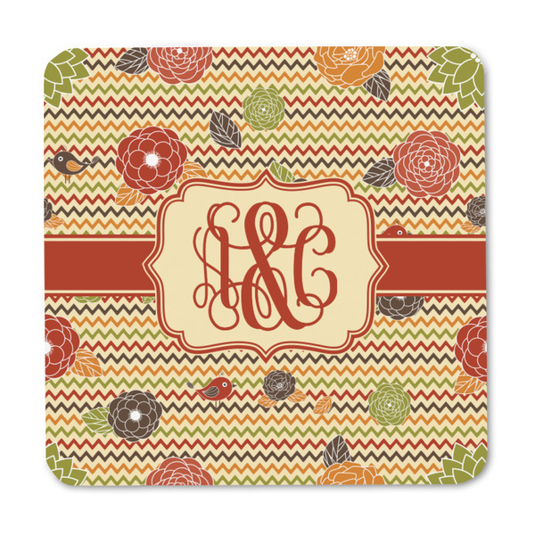 Chevron & Fall Flowers Square Fridge Magnet - FRONT