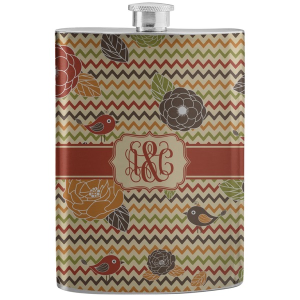 Custom Chevron & Fall Flowers Stainless Steel Flask (Personalized)