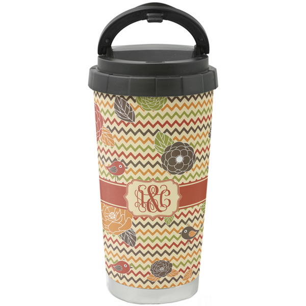 Custom Chevron & Fall Flowers Stainless Steel Coffee Tumbler (Personalized)