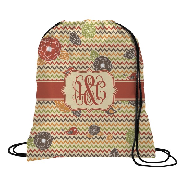 Custom Chevron & Fall Flowers Drawstring Backpack - Medium (Personalized)