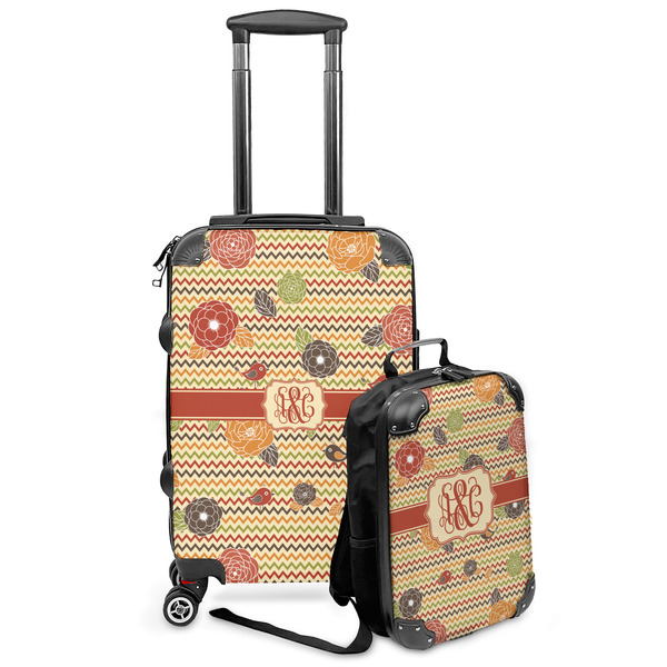 Custom Chevron & Fall Flowers Kids 2-Piece Luggage Set - Suitcase & Backpack (Personalized)