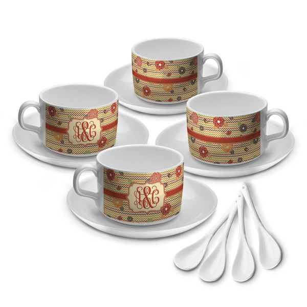 Custom Chevron & Fall Flowers Tea Cup - Set of 4 (Personalized)