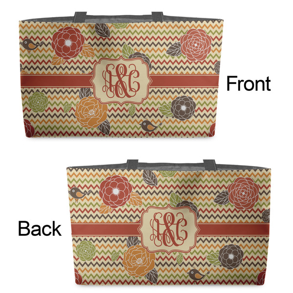 Chevron & Fall Flowers Tote w/Black Handles - Front & Back Views