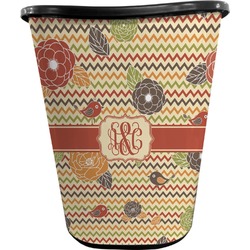 Chevron & Fall Flowers Waste Basket - Double Sided (Black) (Personalized)