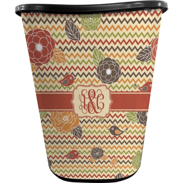 Chevron & Fall Flowers Trash Can Black
