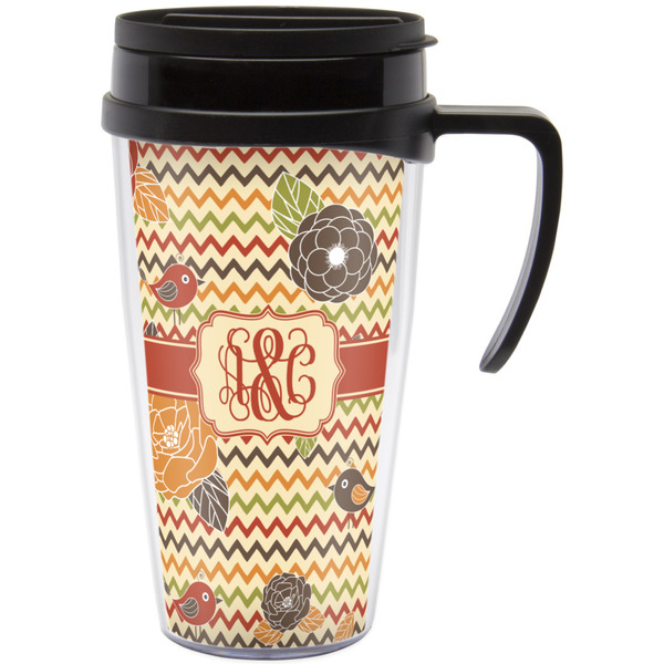 Custom Chevron & Fall Flowers Acrylic Travel Mug with Handle (Personalized)