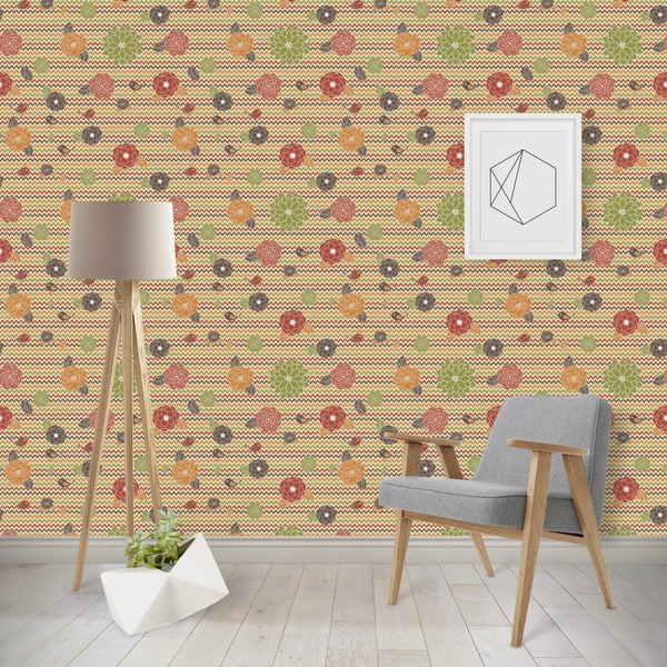 Custom Chevron & Fall Flowers Wallpaper & Surface Covering (Water Activated - Removable)