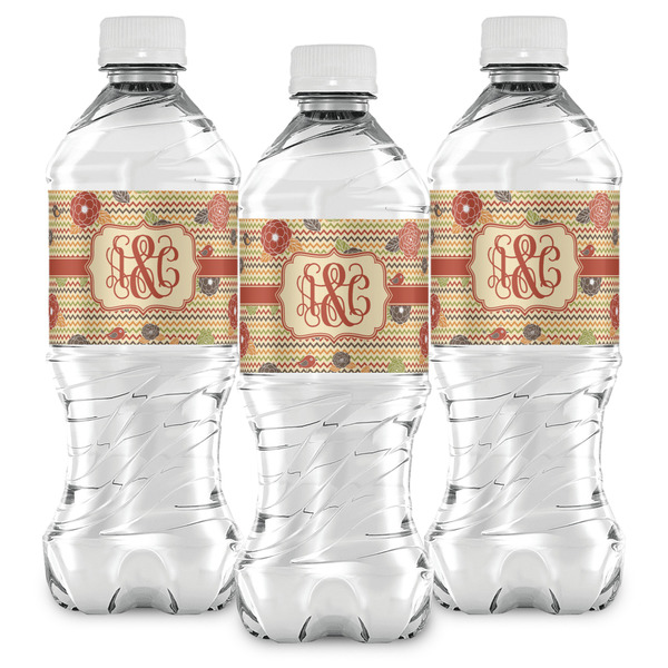 Chevron & Fall Flowers Water Bottle Labels - Front View