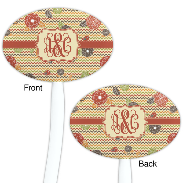 Chevron & Fall Flowers White Plastic 7" Stir Stick - Double Sided - Oval - Front & Back