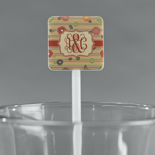 Chevron & Fall Flowers White Plastic Stir Stick - Square - Main