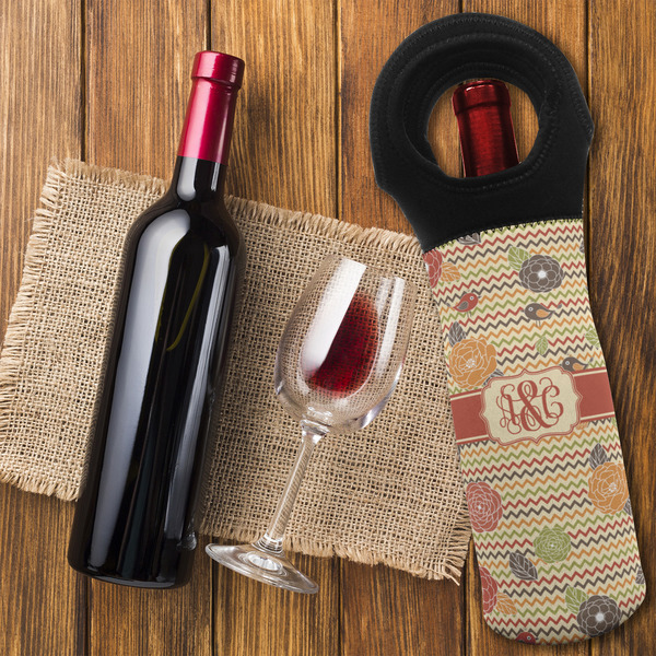 Chevron & Fall Flowers Wine Tote Bag - FLATLAY