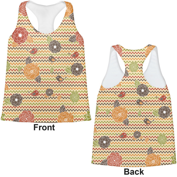 Chevron & Fall Flowers Womens Racerback Tank Tops - Medium - Front and Back