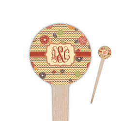 Chevron & Fall Flowers 4" Round Wooden Food Picks - Single Sided (Personalized)