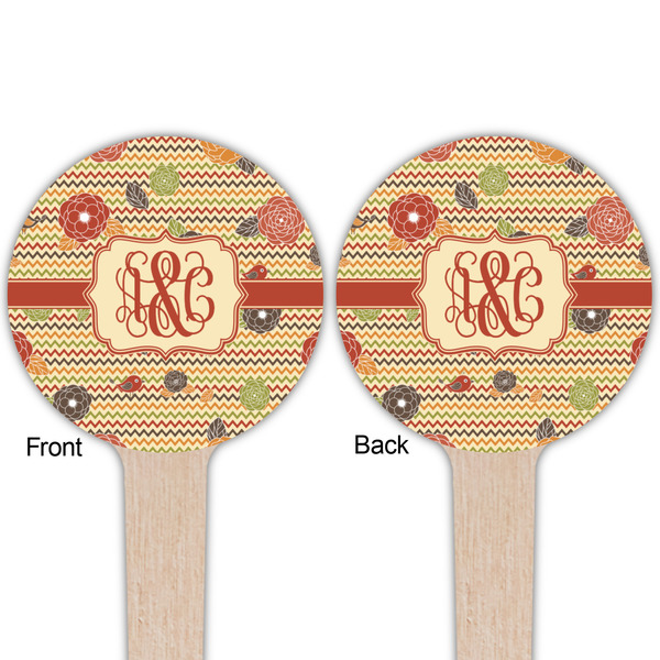 Chevron & Fall Flowers Wooden 4" Food Pick - Round - Double Sided - Front & Back