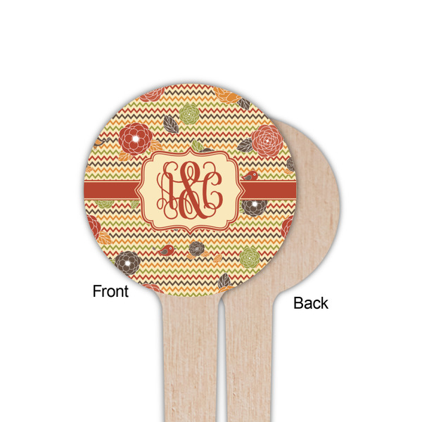 Chevron & Fall Flowers Wooden 4" Food Pick - Round - Single Sided - Front & Back