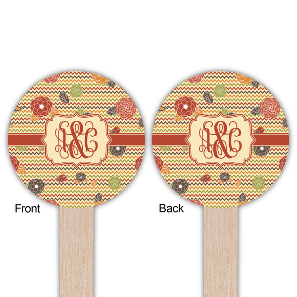 Chevron & Fall Flowers Wooden 6" Food Pick - Round - Double Sided - Front & Back