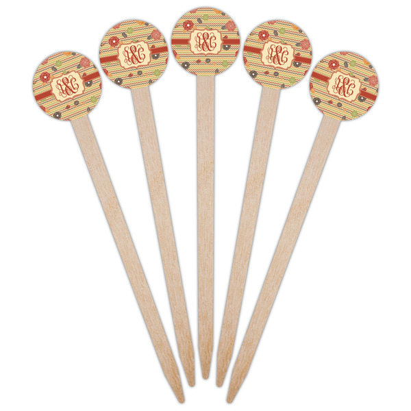 Chevron & Fall Flowers Wooden 6" Food Pick - Round - Fan View